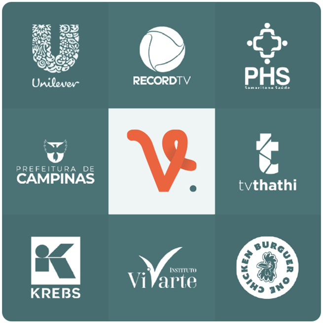 Card com o símbolo da Vince ao centro e marcas atendidas em volta: Unilever, RecordTV, PHS, Prefeitura de Campinas, TV Thathi, Krebs, Instituto Vivarte e Chicken Burguer One